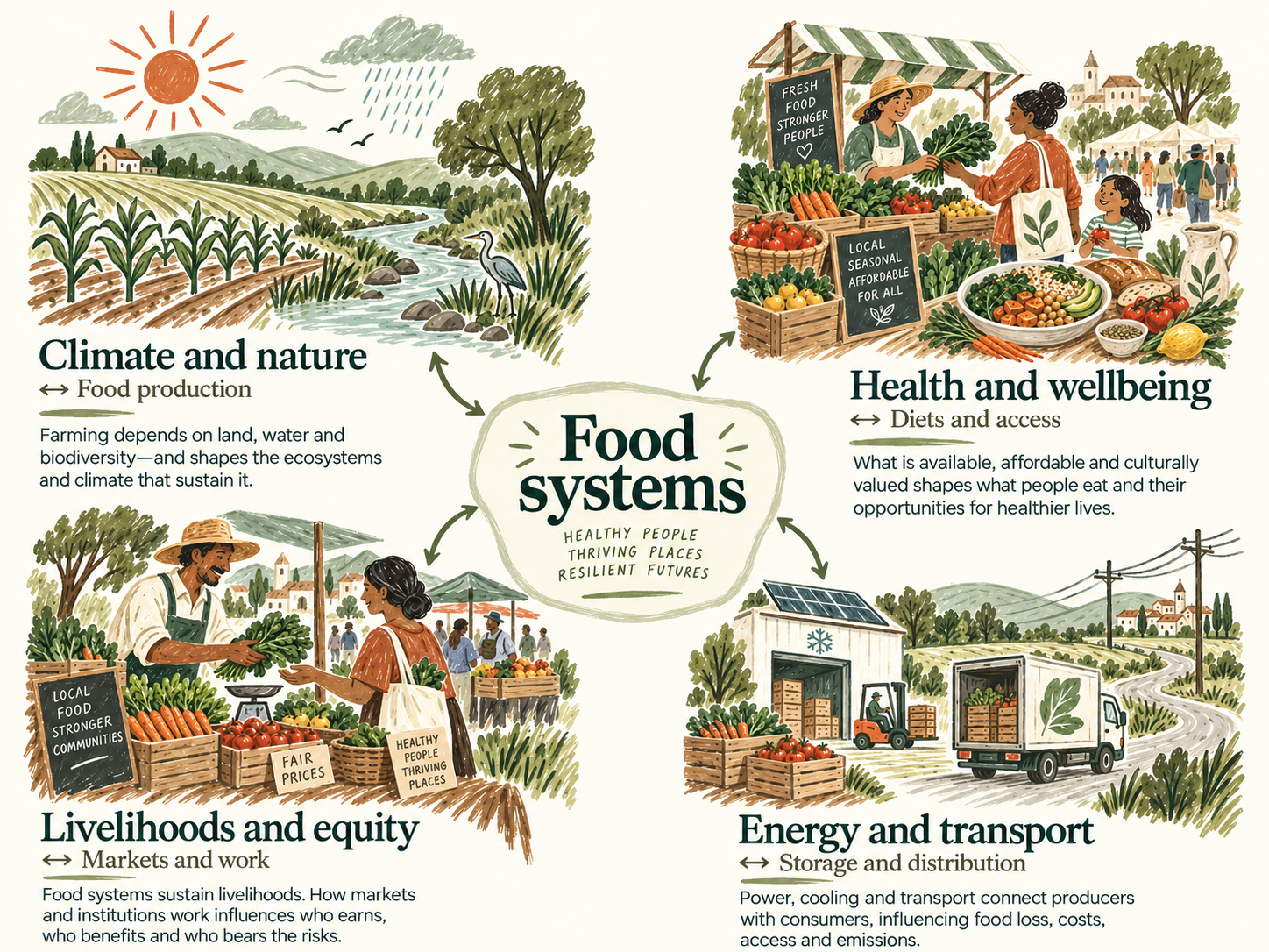 Food systems connect climate and nature, health and wellbeing, livelihoods and equity, and energy and transport.